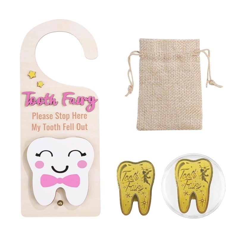 ZingFsh Tooth Fairy Tooth Holder，Tooth Fairy Door Hanger with Money Slot, Gold Coins and Cute Bags，Tooth Fairy Gifts for Girls Boys, First Milk Teeth Loss Tooth Fairy Pouch (Pink) - Image 1